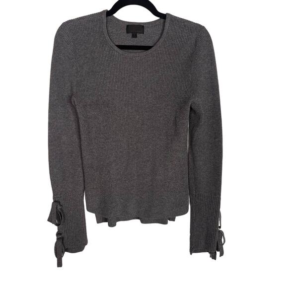 Intermix Small S Gray Cotton Silk Jordana Tie Sleeve Rib Knit Round Neck Sweater - Picture 1 of 9